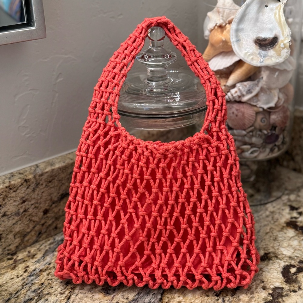 Neiman Marcus Crochet Mini Satchel in Salmon - Picture 3 of 5